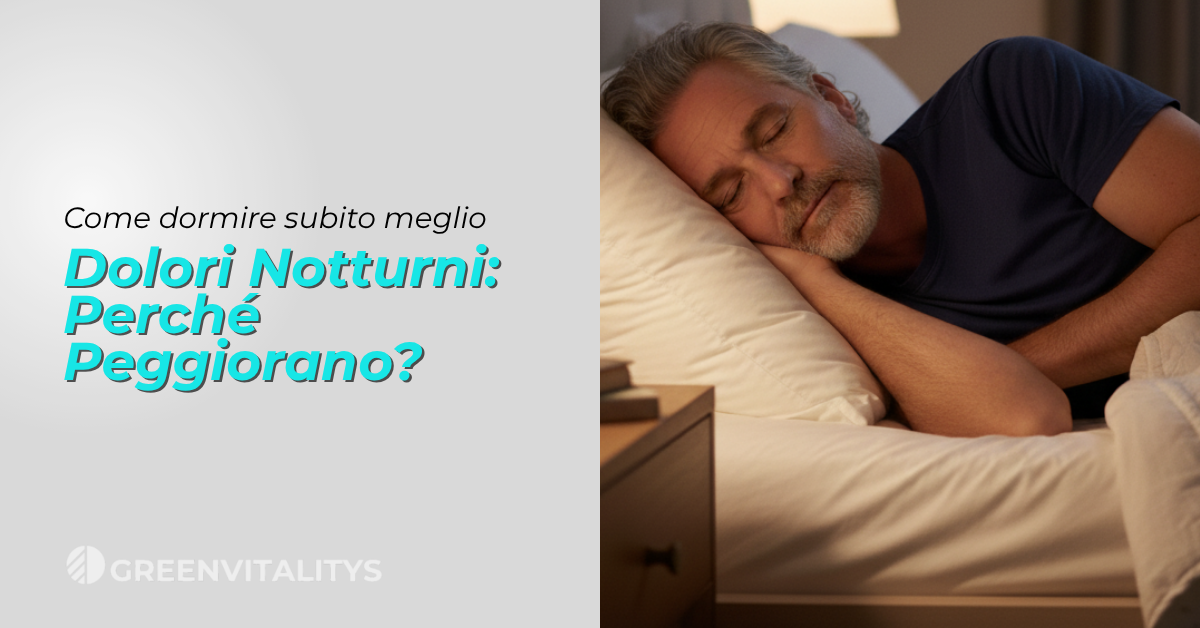 Persona che dorme con postura corretta, mani e ginocchia rilassate, rappresentazione del dolore notturno alle articolazioni e dell’importanza di postura e calore per migliorare il riposo.